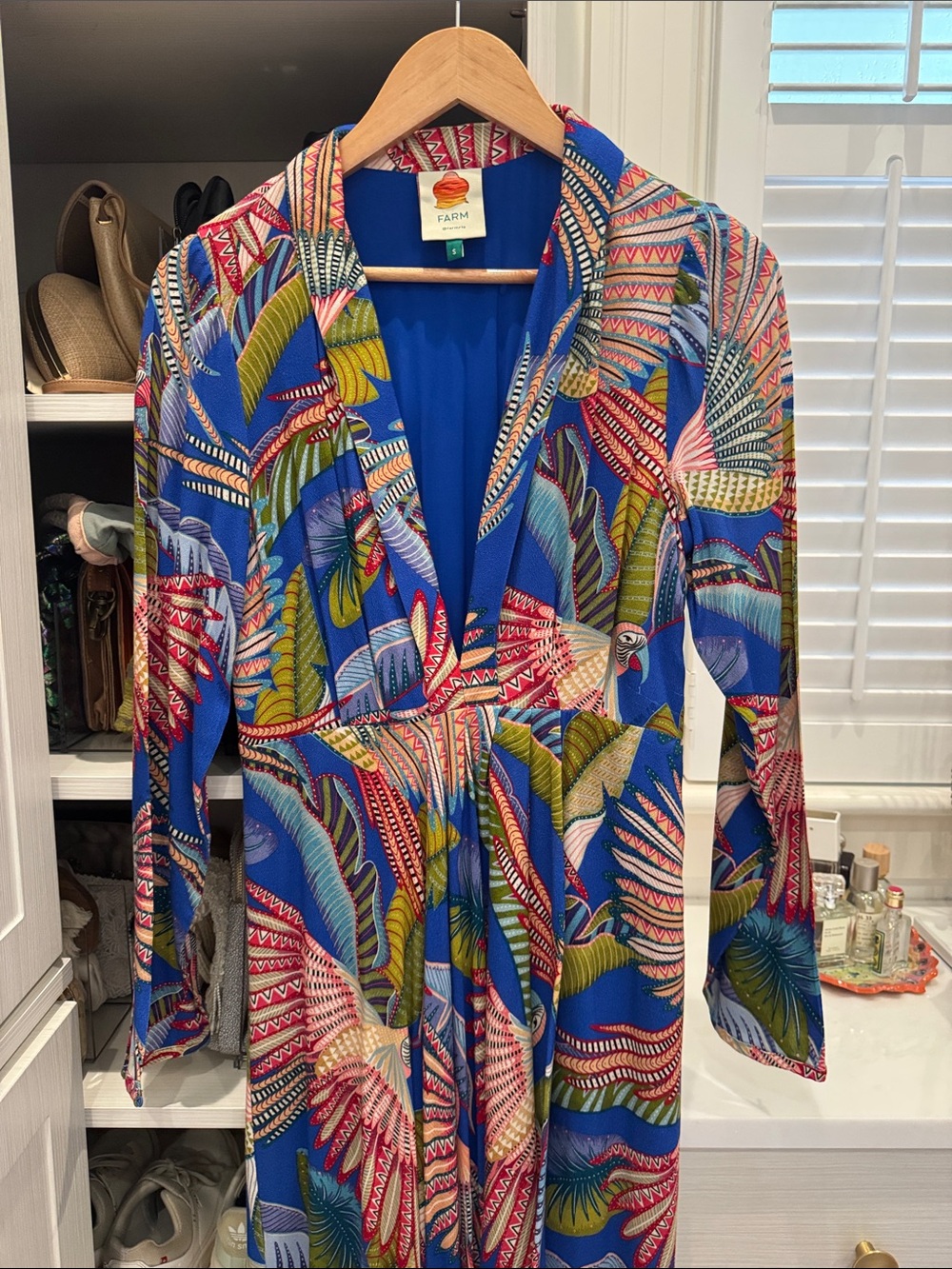 FARM Rio Blue Tropical V-neck long Dress with Multicolor Botanicals